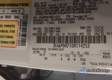 2013 Ford Fusion Se z USA, uszkodzony, nr VIN 3FA6P0H71DR114253